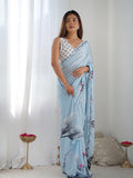 Blue Chinon Printed Designer Saree Saree With Blouse Piece