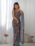 Multicolor Chinon Printed Designer Saree Saree With Blouse Piece