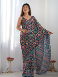 Multicolor Chinon Printed Designer Saree Saree With Blouse Piece