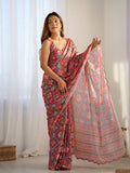 Red Chinon Printed Designer Saree Saree With Blouse Piece