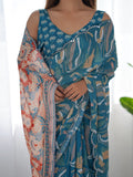 Multicolor Chinon Printed Designer Saree Saree With Blouse Piece