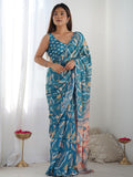 Multicolor Chinon Printed Designer Saree Saree With Blouse Piece