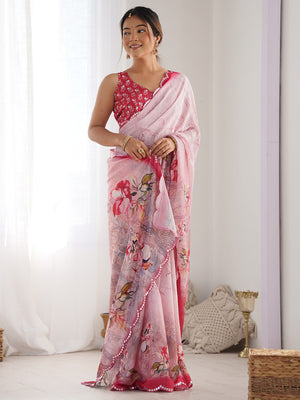 Multicolor Chinon Printed Designer Saree Saree With Blouse Piece