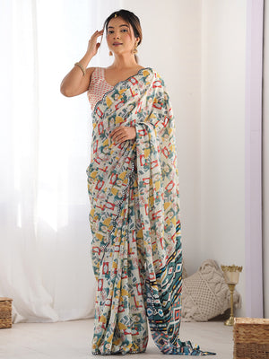 Multicolor Chinon Printed Designer Saree Saree With Blouse Piece