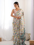 Multicolor Chinon Printed Designer Saree Saree With Blouse Piece