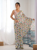 Multicolor Chinon Printed Designer Saree Saree With Blouse Piece