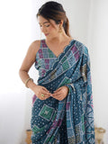 Multicolor Chinon Printed Designer Saree Saree With Blouse Piece