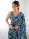 Multicolor Chinon Printed Designer Saree Saree With Blouse Piece