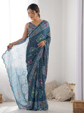 Multicolor Chinon Printed Designer Saree Saree With Blouse Piece