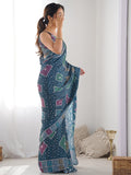 Multicolor Chinon Printed Designer Saree Saree With Blouse Piece