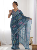 Multicolor Chinon Printed Designer Saree Saree With Blouse Piece