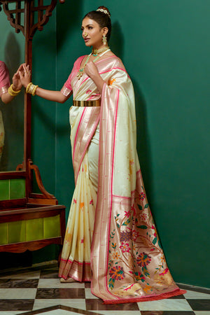 Cream Paithani Silk Saree With Blouse Piece