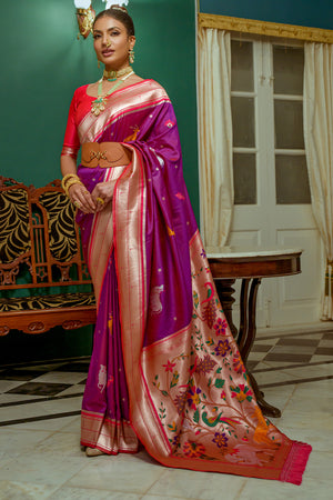 Purple Paithani Silk Saree With Blouse Piece