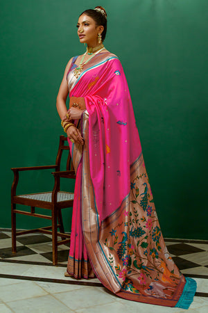 Rani Pink Paithani Silk Saree With Blouse Piece