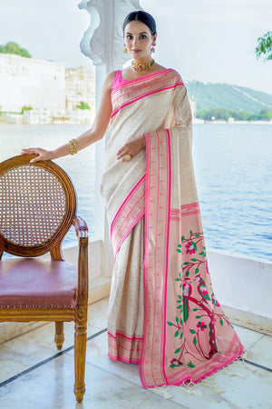 White Kanjeevaram Silk Blend Saree With Blouse Piece