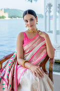 White Kanjeevaram Silk Blend Saree With Blouse Piece