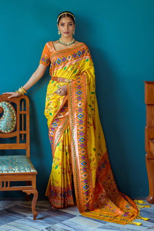 Yellow Paithani Silk Saree With Blouse Piece