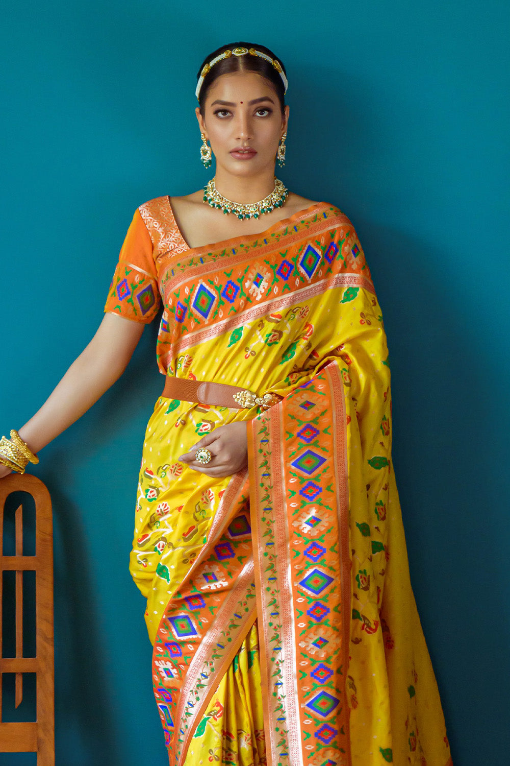 Buy Yellow Paithani Silk Saree With Blouse Piece online-Karagiri