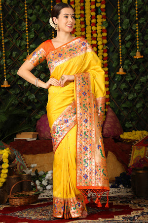 Yellow Paithani Silk Saree With Blouse Piece