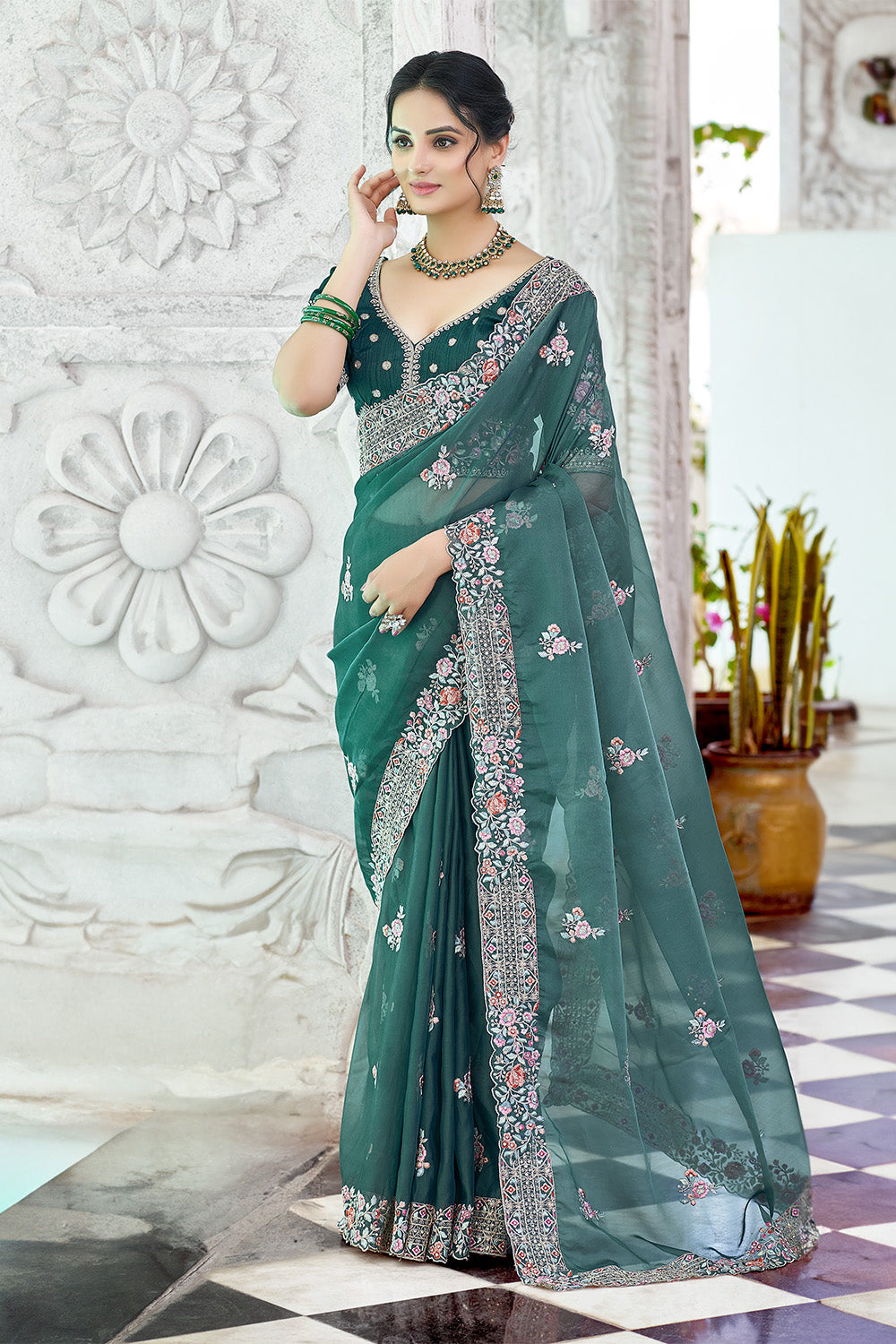 Bottle green and maroon color banarasi silk saree with zari weaving work