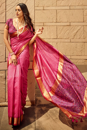 Pink Banarasi Patola Silk Saree With Blouse Piece