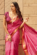 Pink Banarasi Patola Silk Saree With Blouse Piece