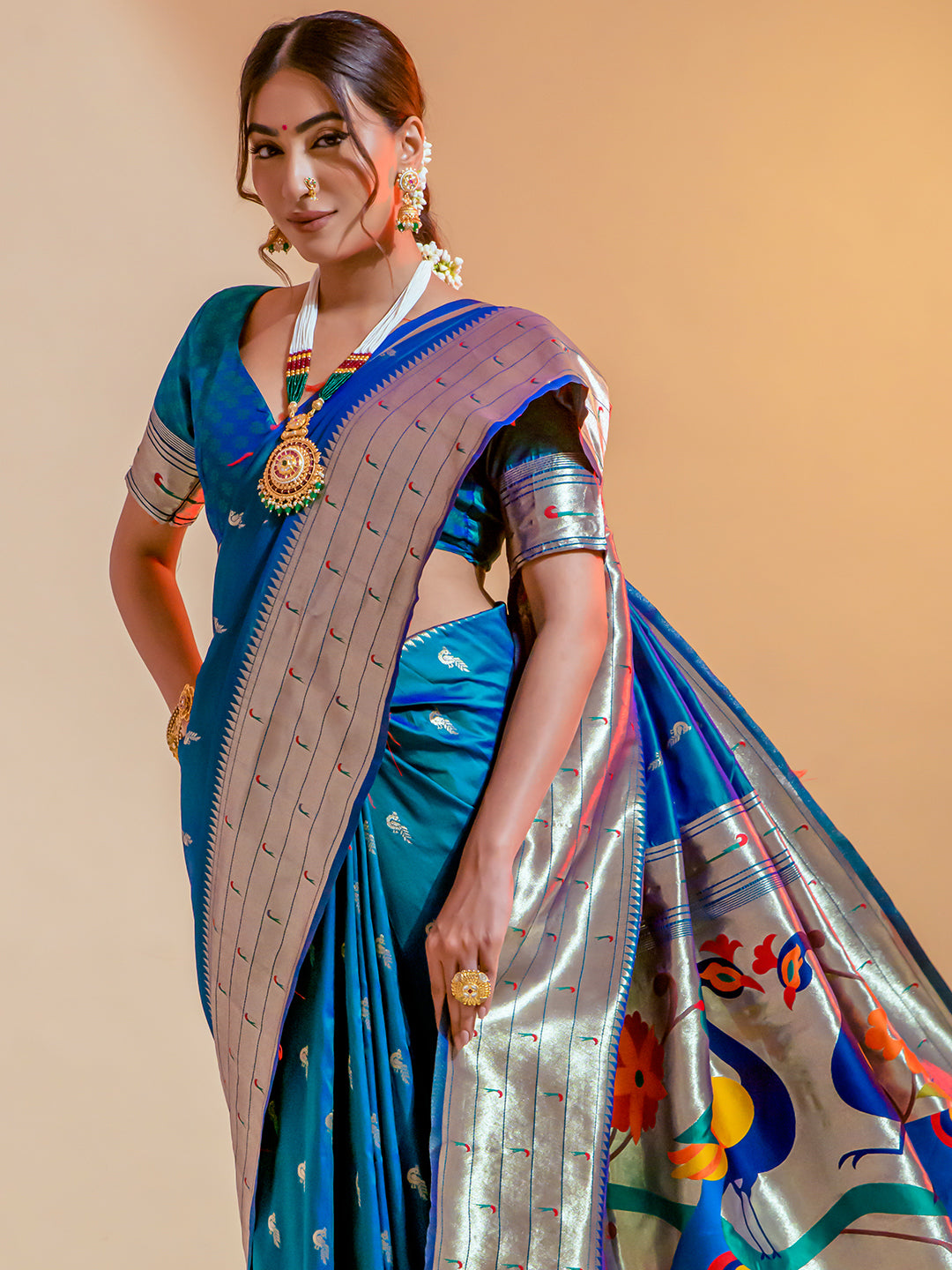 Red coloured with Peacock Minakari Border Paithani Saree