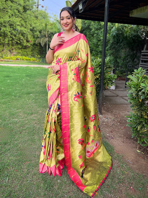 Pista Green Paithani Silk Saree With Blouse Piece