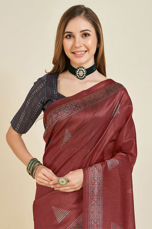 Maroon Silk  Geometric Woven Design Saree