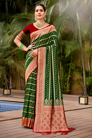 Green Banarasi Silk Saree With Blouse Piece