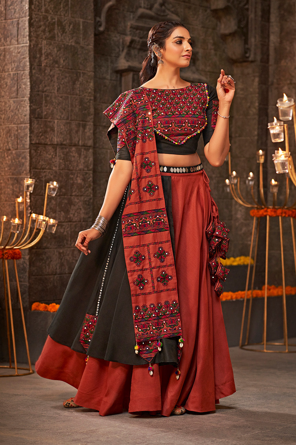Buy Multicolor embroidered lehenga with black blouse and dupatta at  Amazon.in