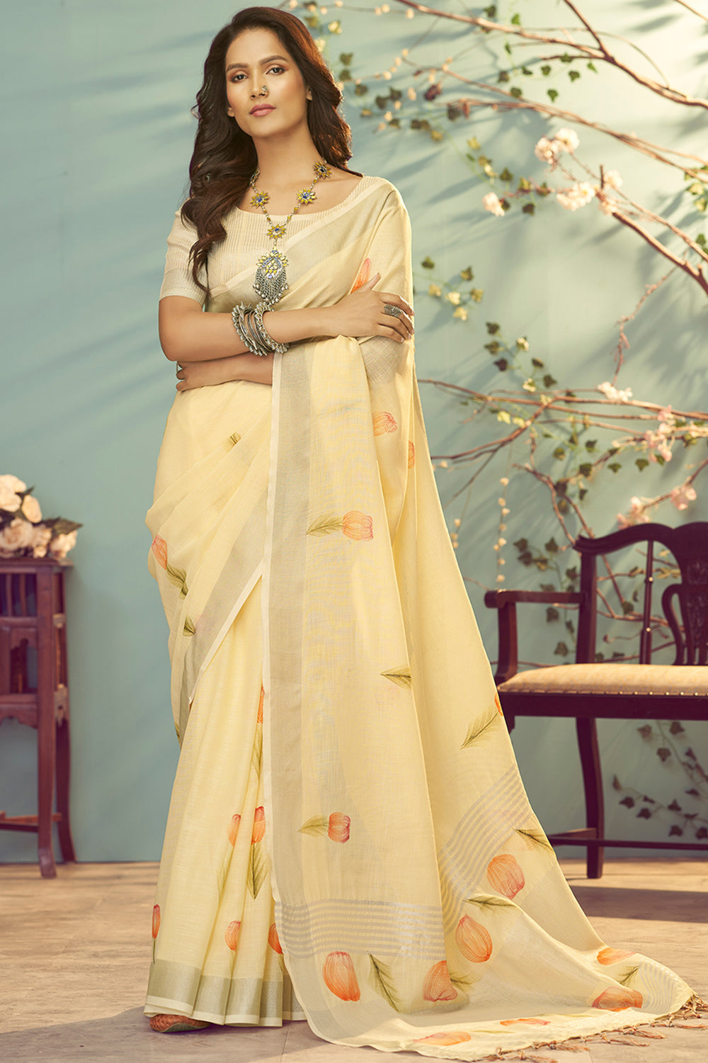 Buy Lemon Yellow Linen Saree online-Karagiri