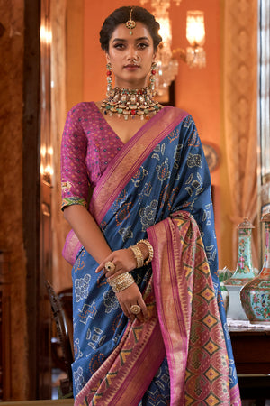 Buy Blue Blouse- Satin Embellished Floral Scoop Splash Print Saree With For  Women by Show Shaa Online at Aza Fashions.