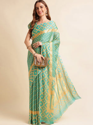 Teal Chiffon Party Wear Saree With Blouse Piece