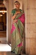 Rani Pink & green Banarasi Silk Saree With Blouse Piece