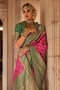 Rani Pink & green Banarasi Silk Saree With Blouse Piece