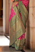 Rani Pink & green Banarasi Silk Saree With Blouse Piece