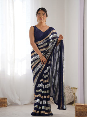 Blue Georgette Embellished Sequined Saree Saree With Blouse Piece