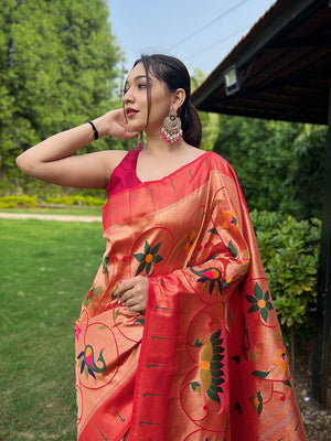 Red Paithani Silk Saree With Blouse Piece