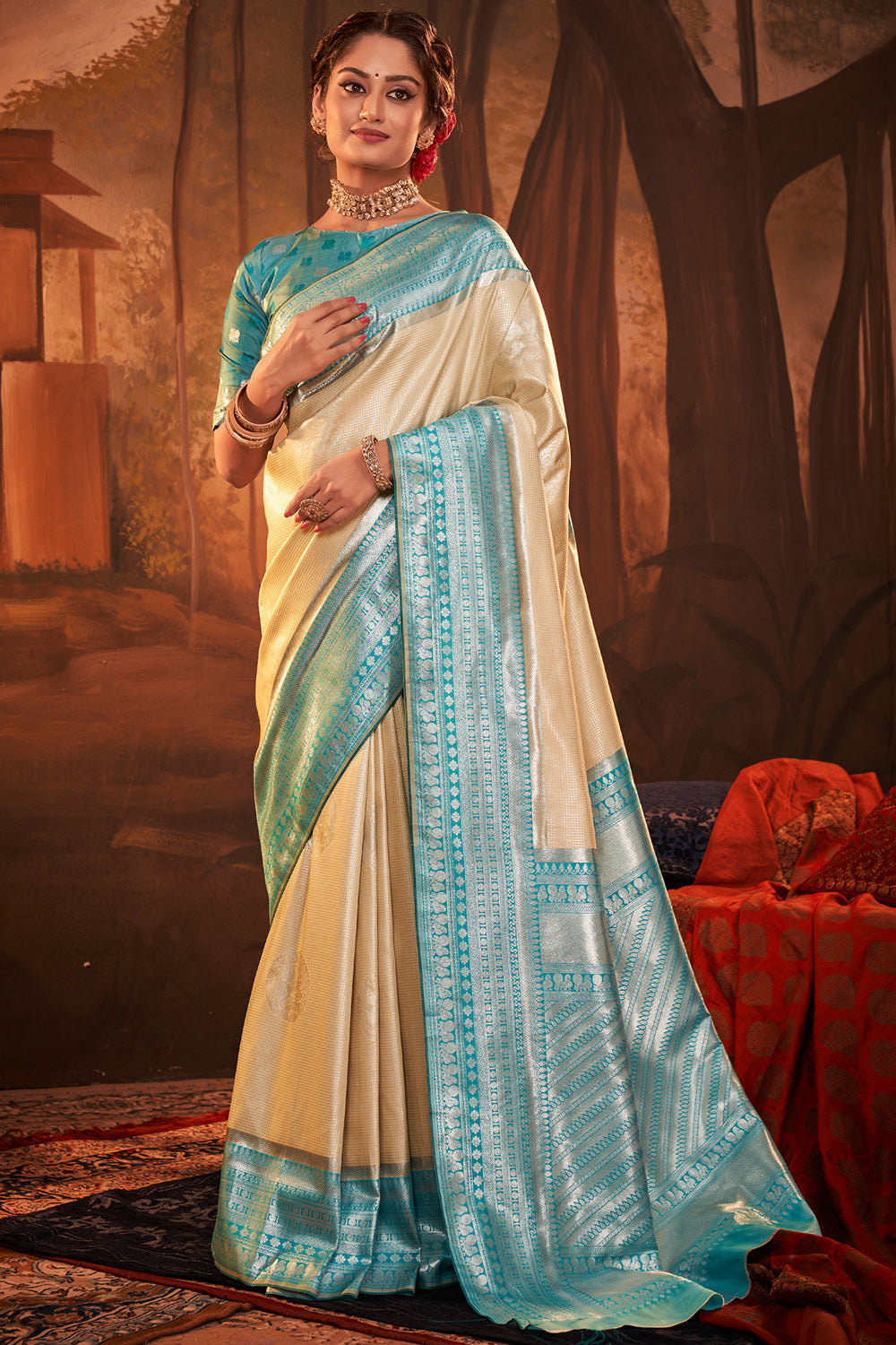 Off White Kanjivaram Silk Embroidered Contemporary Saree -