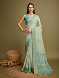 Teal Silk Blend Saree With Blouse Piece