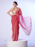 Red Crushed Satin Gold Organza Saree With Designer Lace And Unstitched Blouse