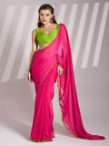 Green And Pink Chiffon Solid Saree With Blouse Piece