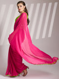 Green And Pink Chiffon Solid Saree With Blouse Piece