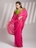 Green And Pink Chiffon Solid Saree With Blouse Piece