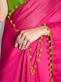 Green And Pink Chiffon Solid Saree With Blouse Piece