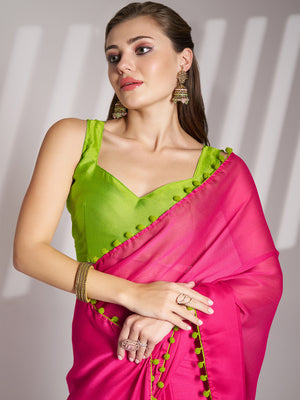 Green And Pink Chiffon Solid Saree With Blouse Piece