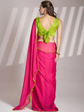 Green And Pink Chiffon Solid Saree With Blouse Piece