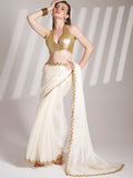 Off White Organza Solid Saree With Blouse Piece