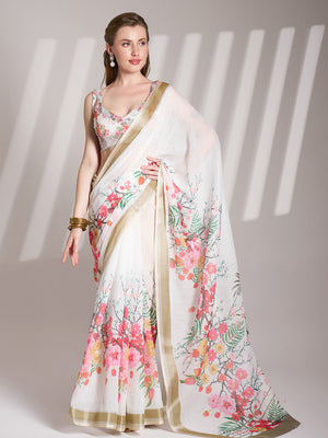 White Linen Printed Saree With Blouse Piece